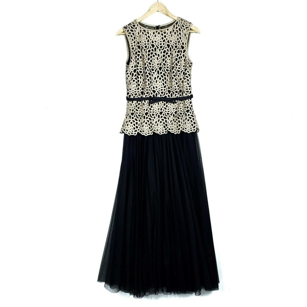 Tadashi Shoji Womens Dress 8 Black Gold Belted Guipure Lace Tulle Formal Gown